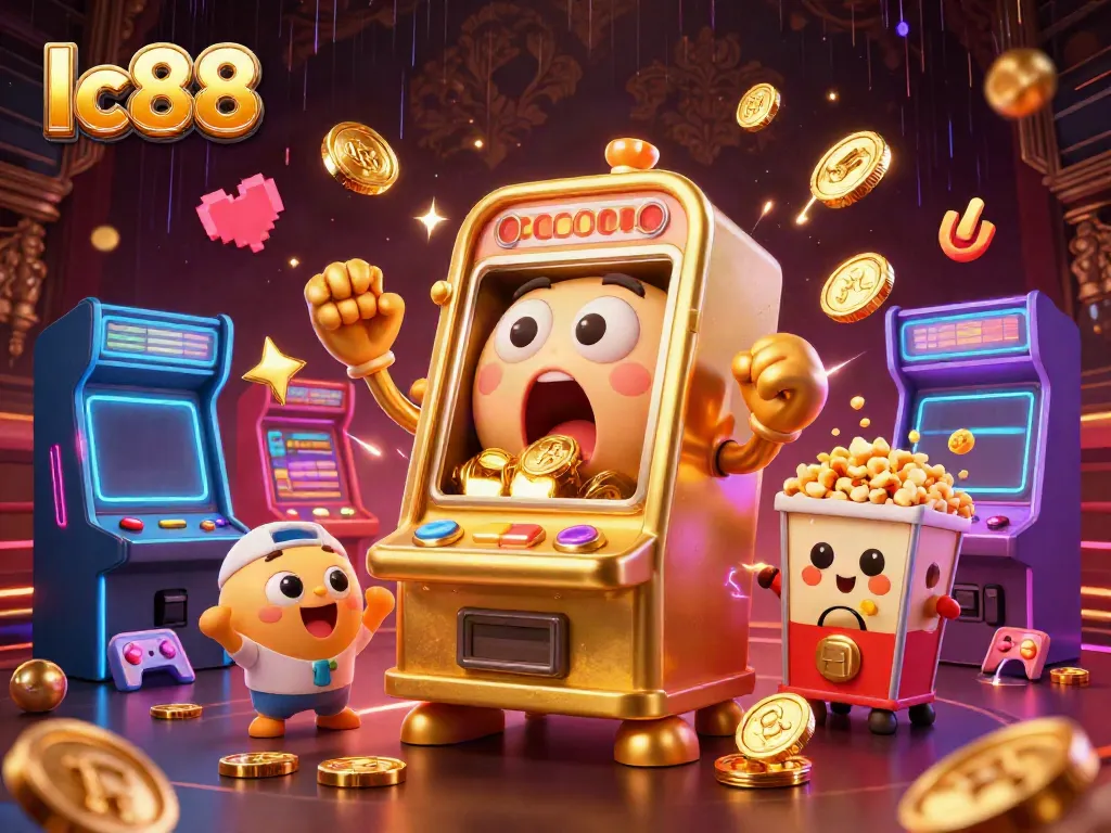 Win big with lc88 in a vibrant, cartoon-style casino scene filled with jackpots and cheering machines!