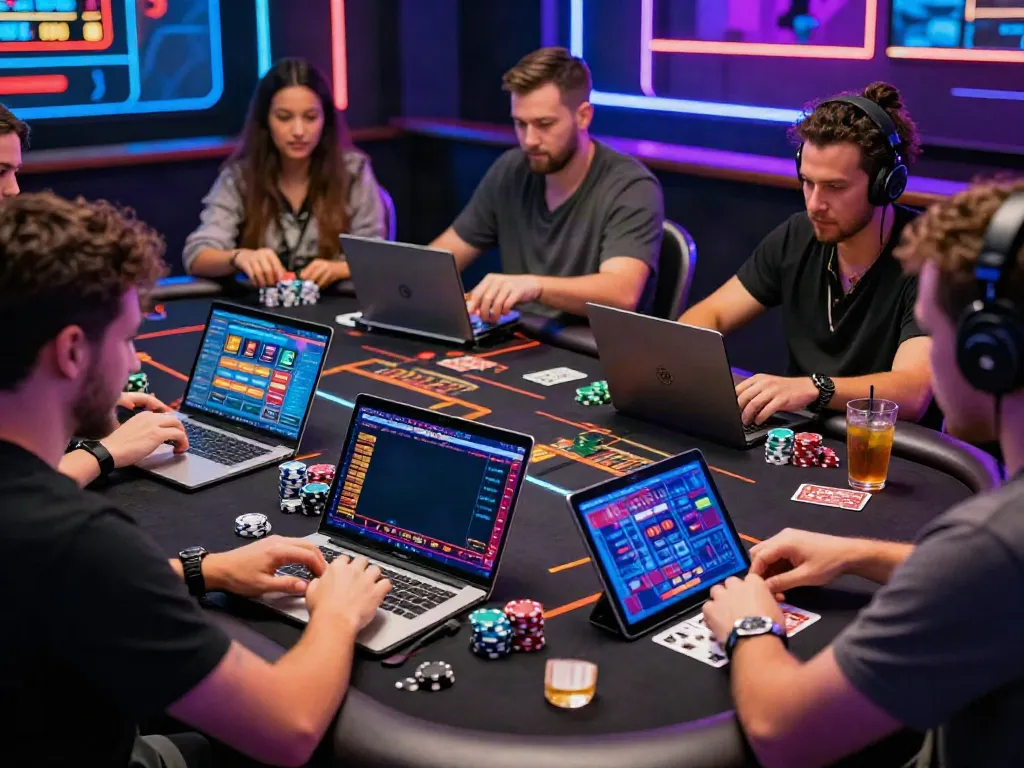 Players enjoying credit card casinos at a modern gaming table with vibrant visuals and neon lights.