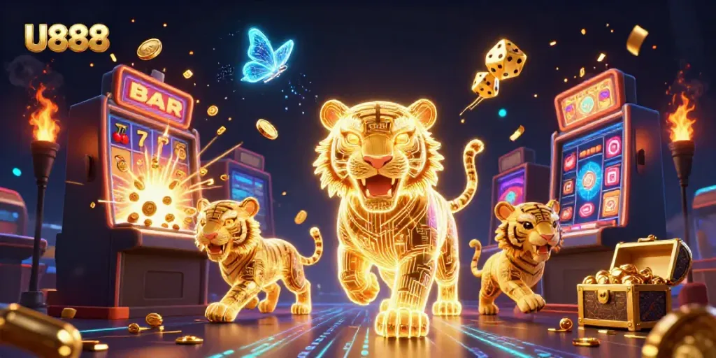 Experience the excitement of U888 with a vibrant digital casino scene featuring a golden tiger and jackpot elements.