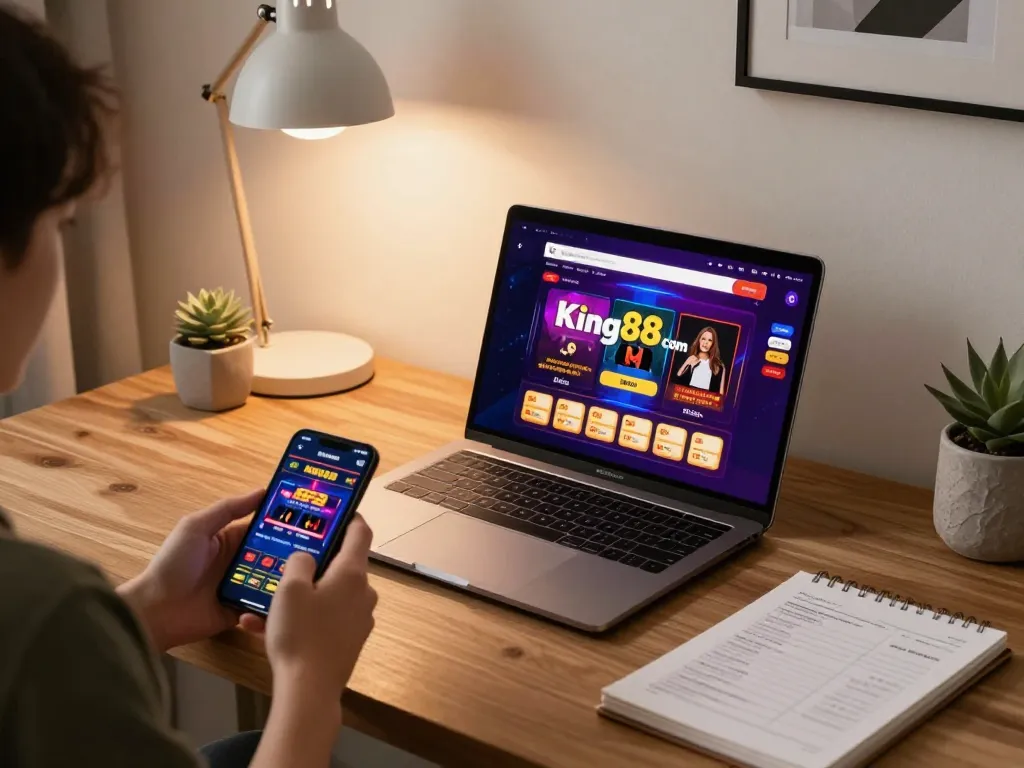 Engaging in online gaming at king88 com with laptop and smartphone setup for a modern gambling experience