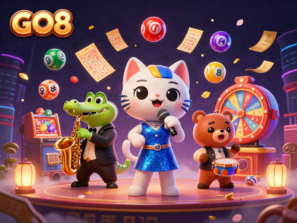 Experience excitement with GO8 as cartoon characters perform in a vibrant casino setting.
