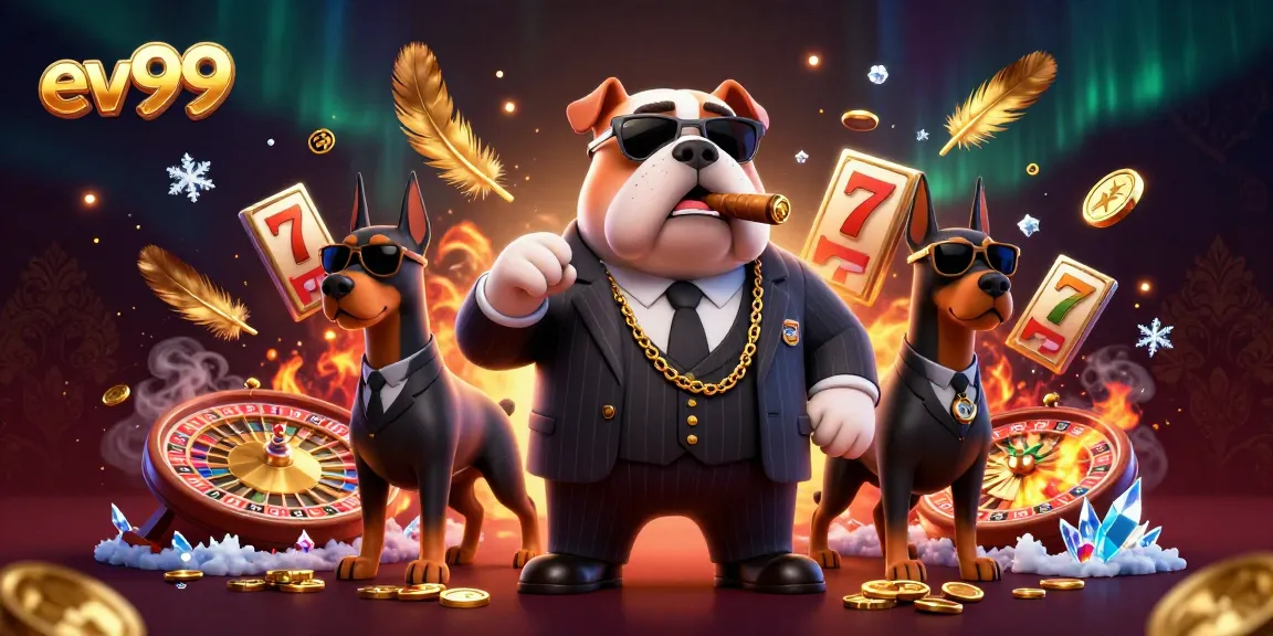 ev99 casino scene featuring a mafia bulldog and bodyguards with vibrant gambling elements.