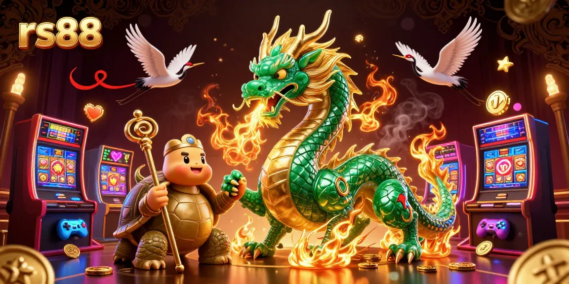 Experience thrilling gaming at rs88 with a dynamic scene featuring mythical creatures and vibrant slot machines.