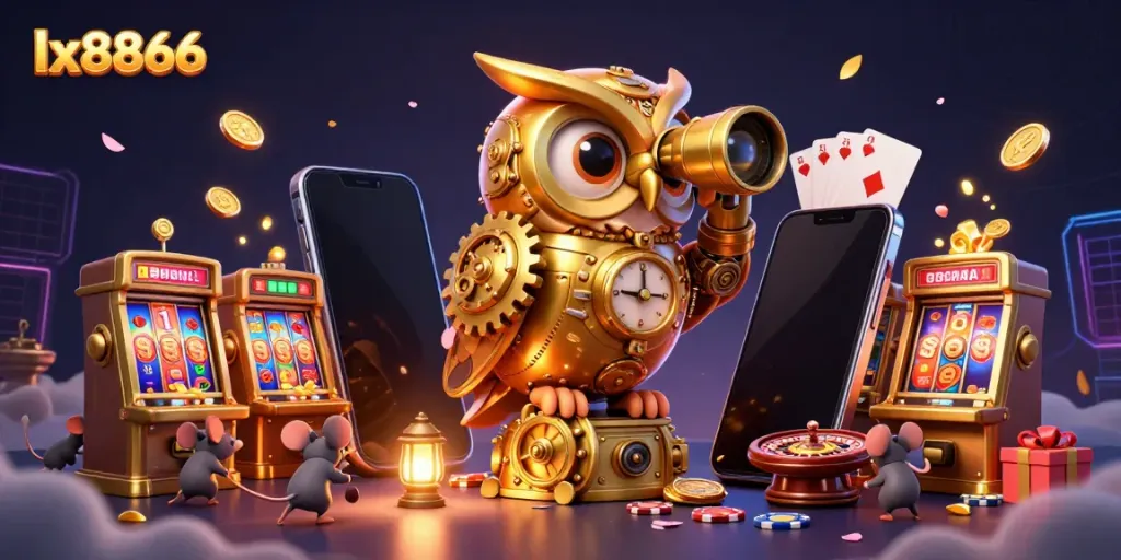 Engage in thrilling gameplay at lx8866 with a vibrant casino scene showcasing an animated golden owl and whimsical mice.