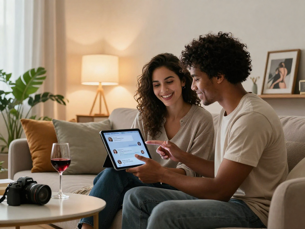 Couple exploring ai chat porn on a tablet in a cozy living room.