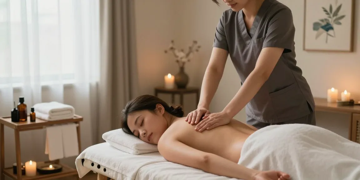 Dynamic 동대문출장마사지 setting with a therapist providing a soothing massage to a client in a relaxing home atmosphere.