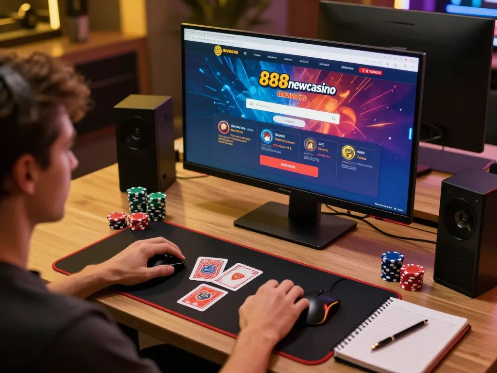 Player engaging with 888newcasino interface in a stylish gaming setup