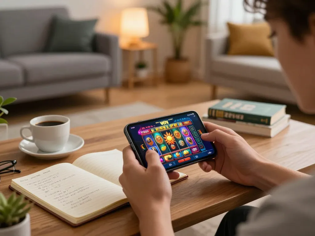 Engaging user playing sun win on mobile device at home in a cozy atmosphere, showcasing gaming strategy