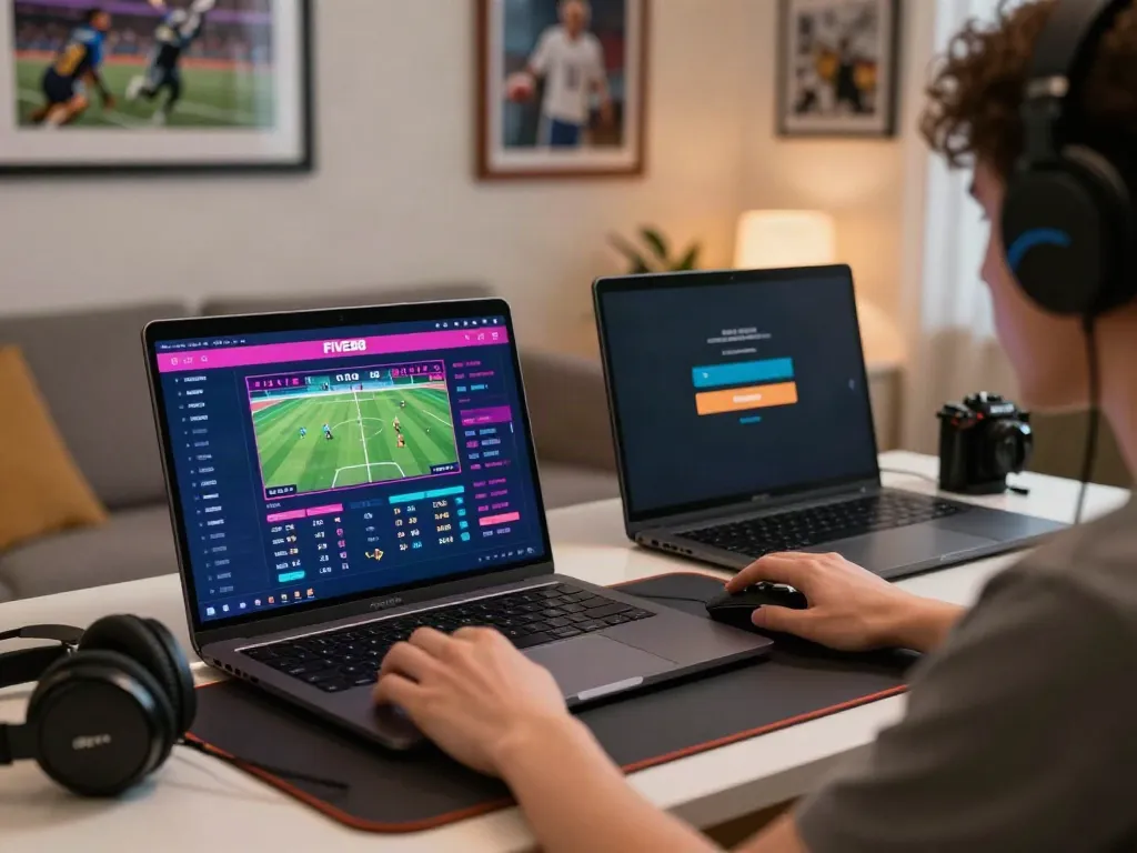 Engaged user experiencing sports betting on FIVE88 platform with laptop and gaming accessories.