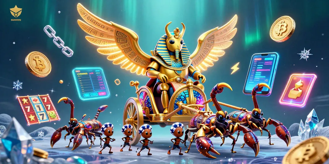 Engage with sunwin's thrilling casino experience featuring a colossal golden scarab amidst vibrant jackpots.