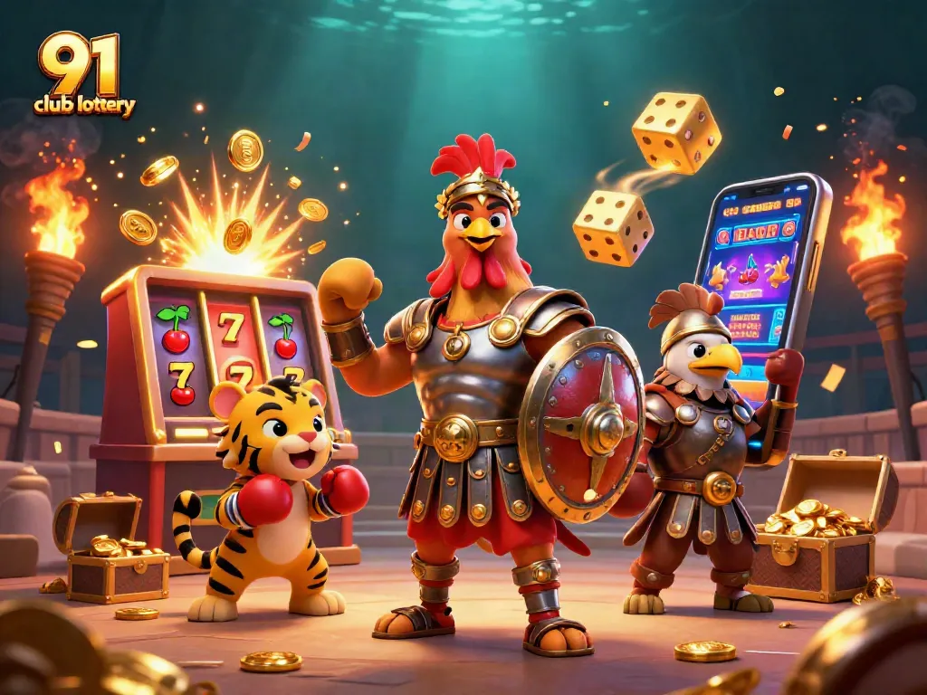 Engage in thrilling 91 club lottery adventures with a vibrant illustration of characters celebrating jackpot victories.