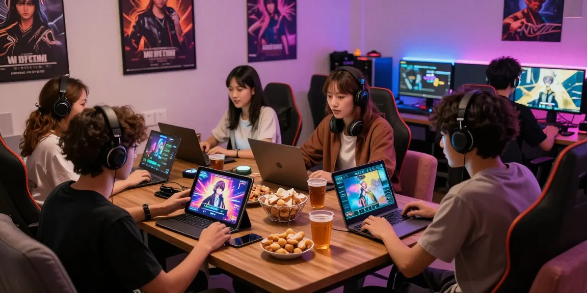 Players enjoying ecchi games online in a vibrant gaming lounge with snacks and devices.