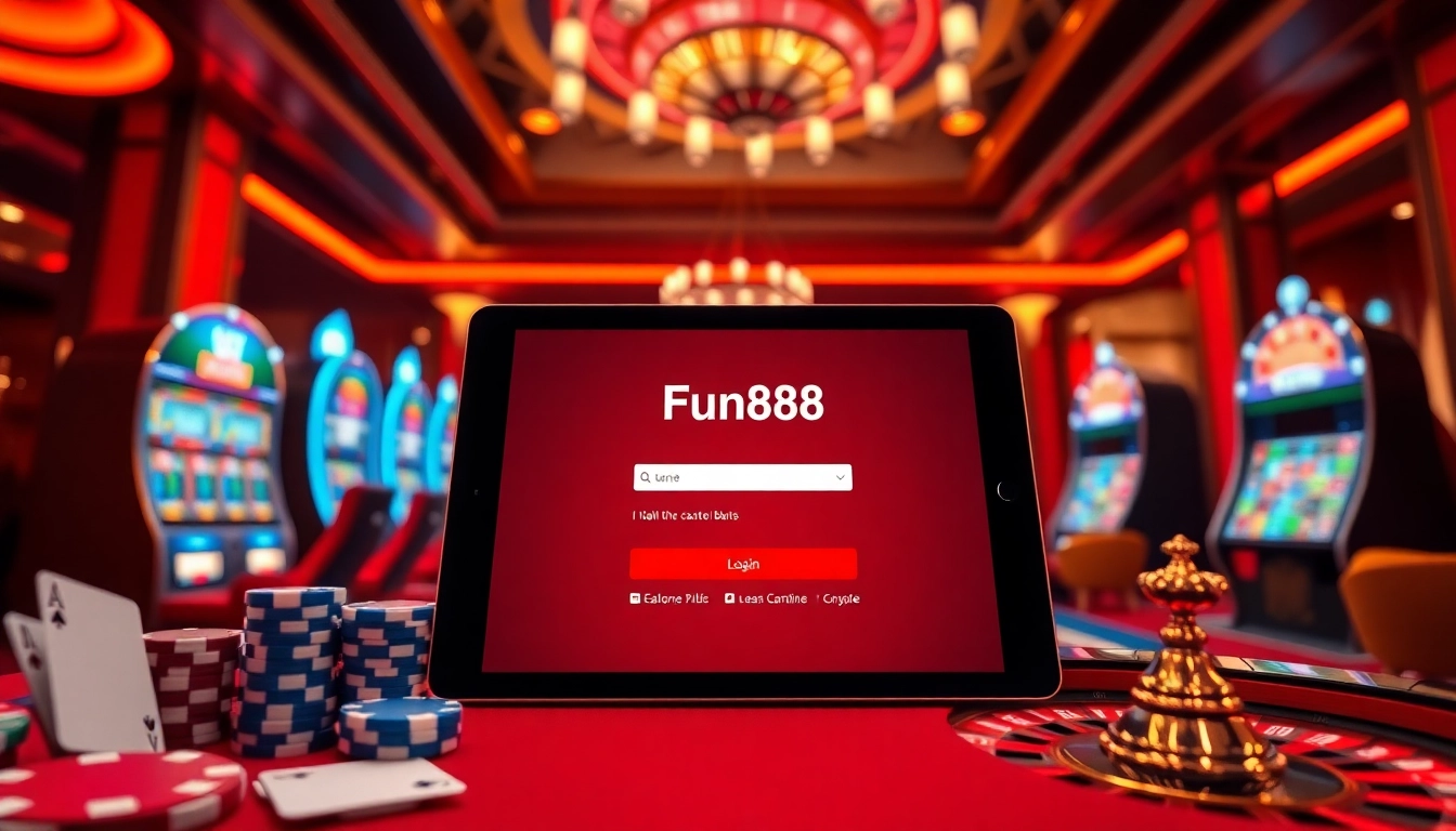 Exciting Fun88 login interface displayed on a tablet amidst luxurious casino elements.