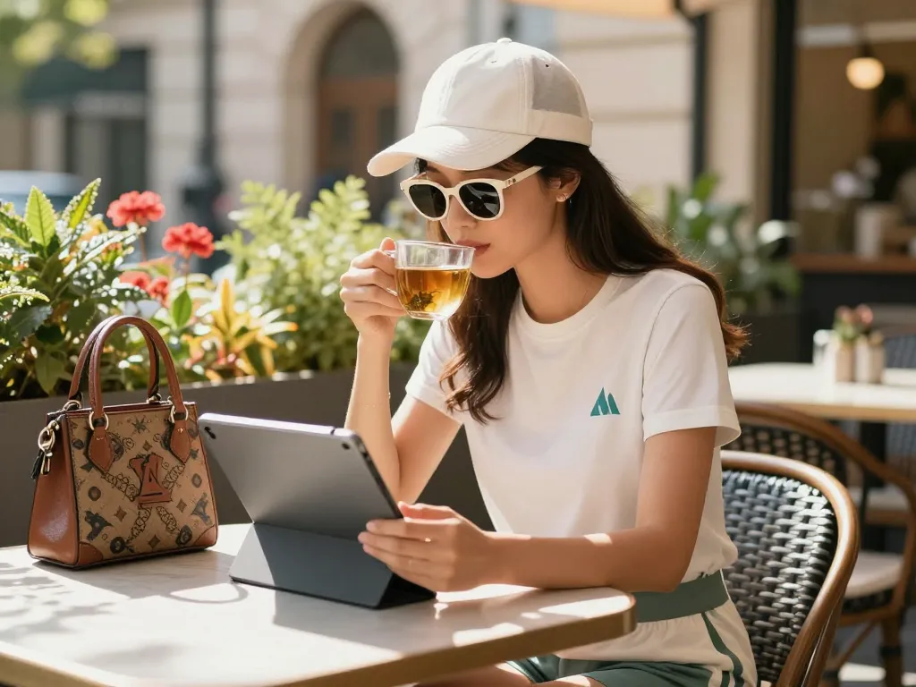 Sunwin-inspired fashion model enjoying tea in urban cafe with trendy accessories.