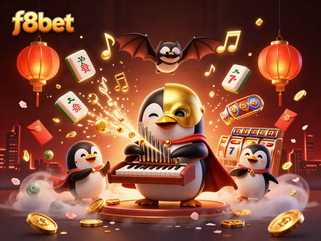 Experience exhilarating casino fun with f8bet's vibrant 3D scene featuring a lively penguin and dynamic game elements.