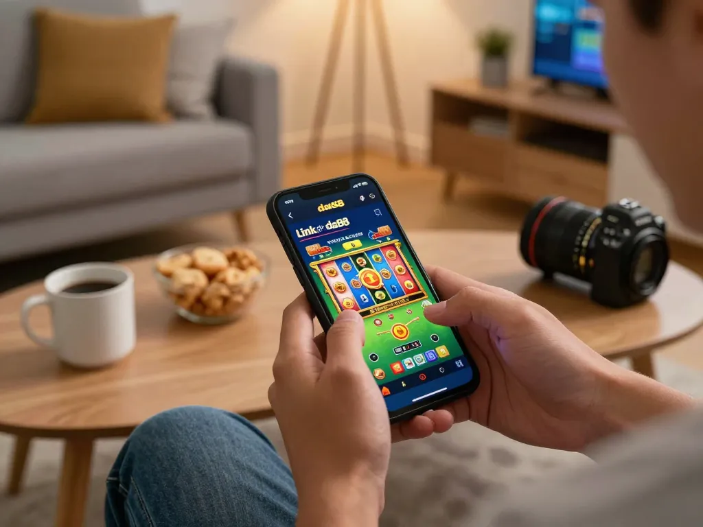 Engaging Link truy cập da88 app gaming with vibrant slot game on smartphone, cozy home setting highlighted