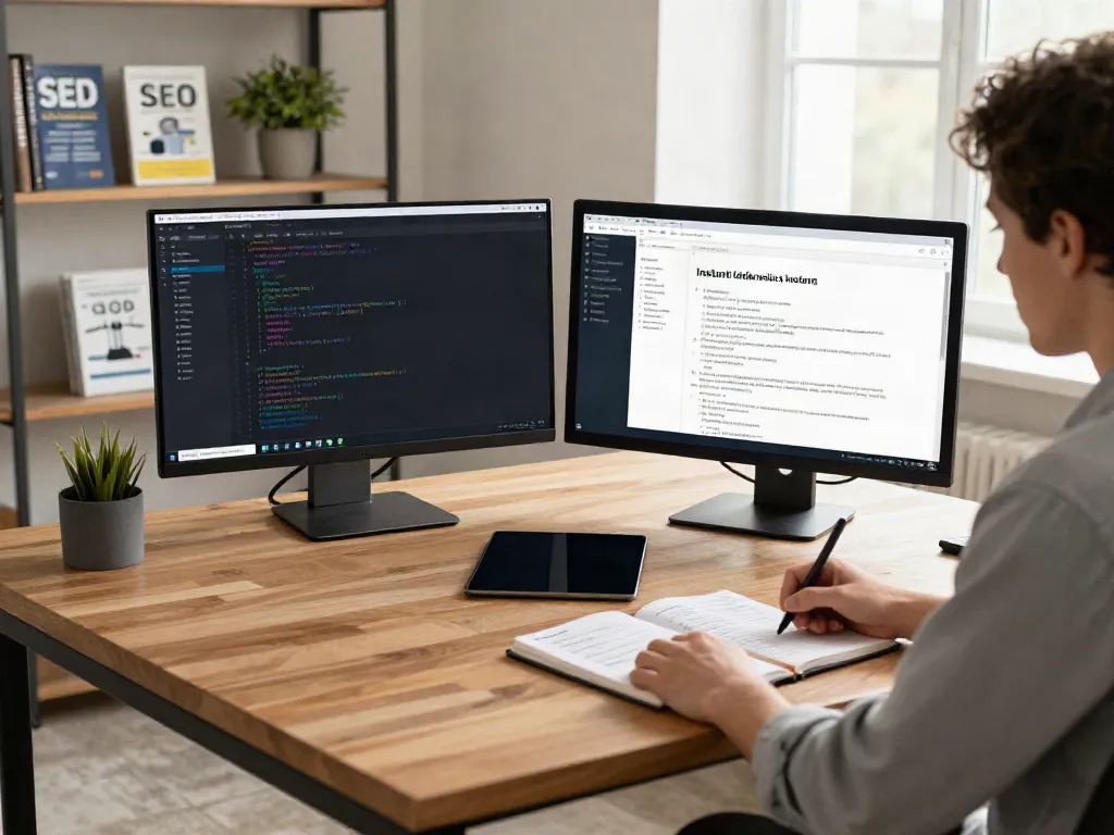 Content creator researching instant indexing in a modern workspace with dual monitors.