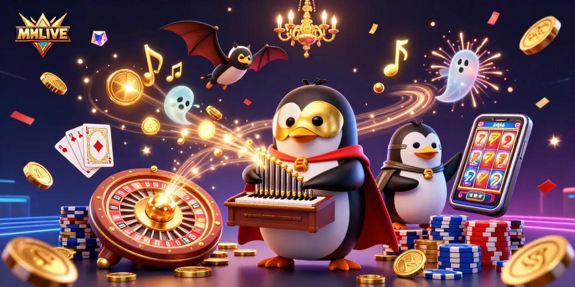 MMLIVE showcases a lively casino scene with a cartoon penguin and a bat acrobat, featuring animated coins and dynamic gaming elements.