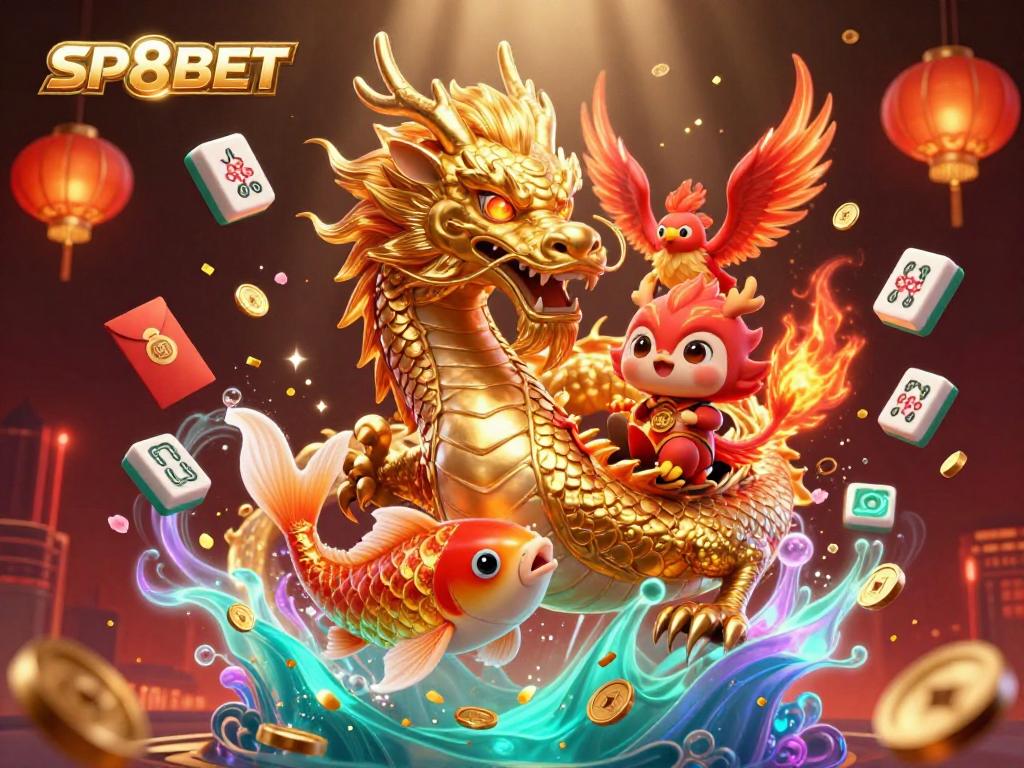 Engage with SP8BET's vibrant online casino featuring a golden dragon, phoenix, and koi amidst festive gambling elements.