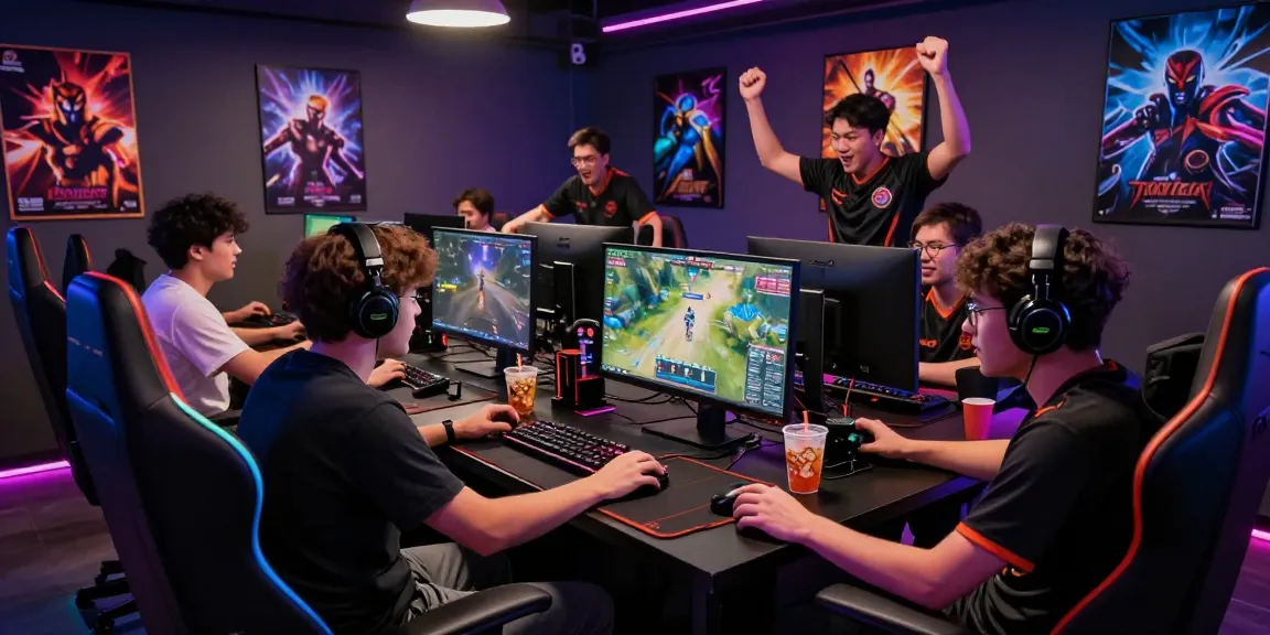 KOMBET168 gaming excitement with players in a vibrant gaming lounge.