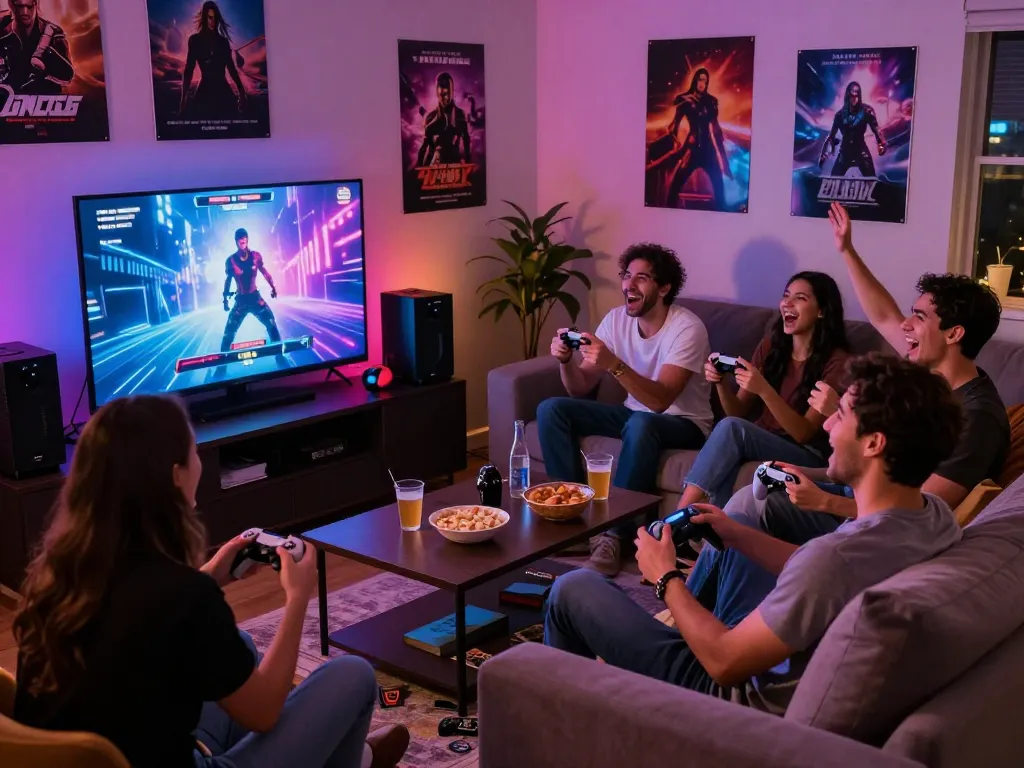Friends enjoying fun porn games together in a cozy living room setup