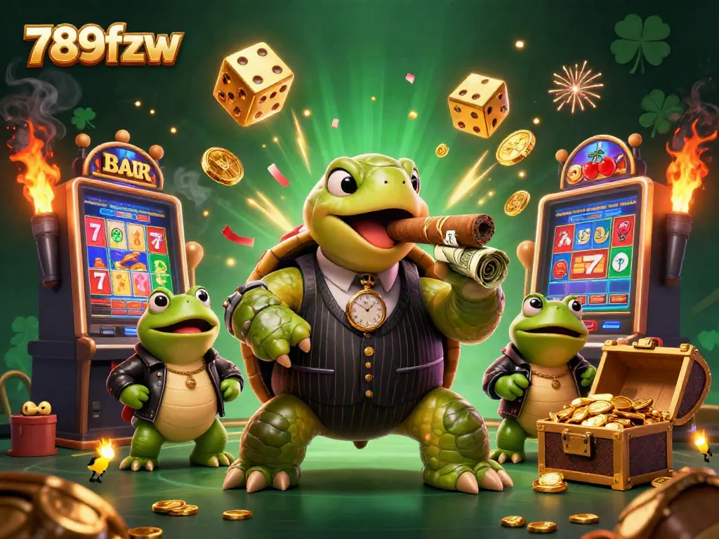 Experience the excitement of 789fzw with a bustling casino scene featuring a mafia turtle and dynamic slot machine action.