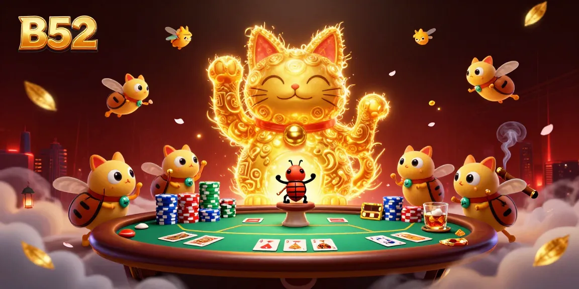 B52 players engage in thrilling poker action amid golden firefly luck and dynamic casino elements.