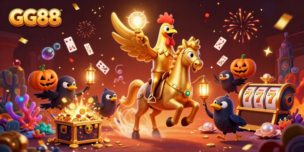 Win big with GG88 in a vibrant midnight casino scene featuring golden characters and treasures.