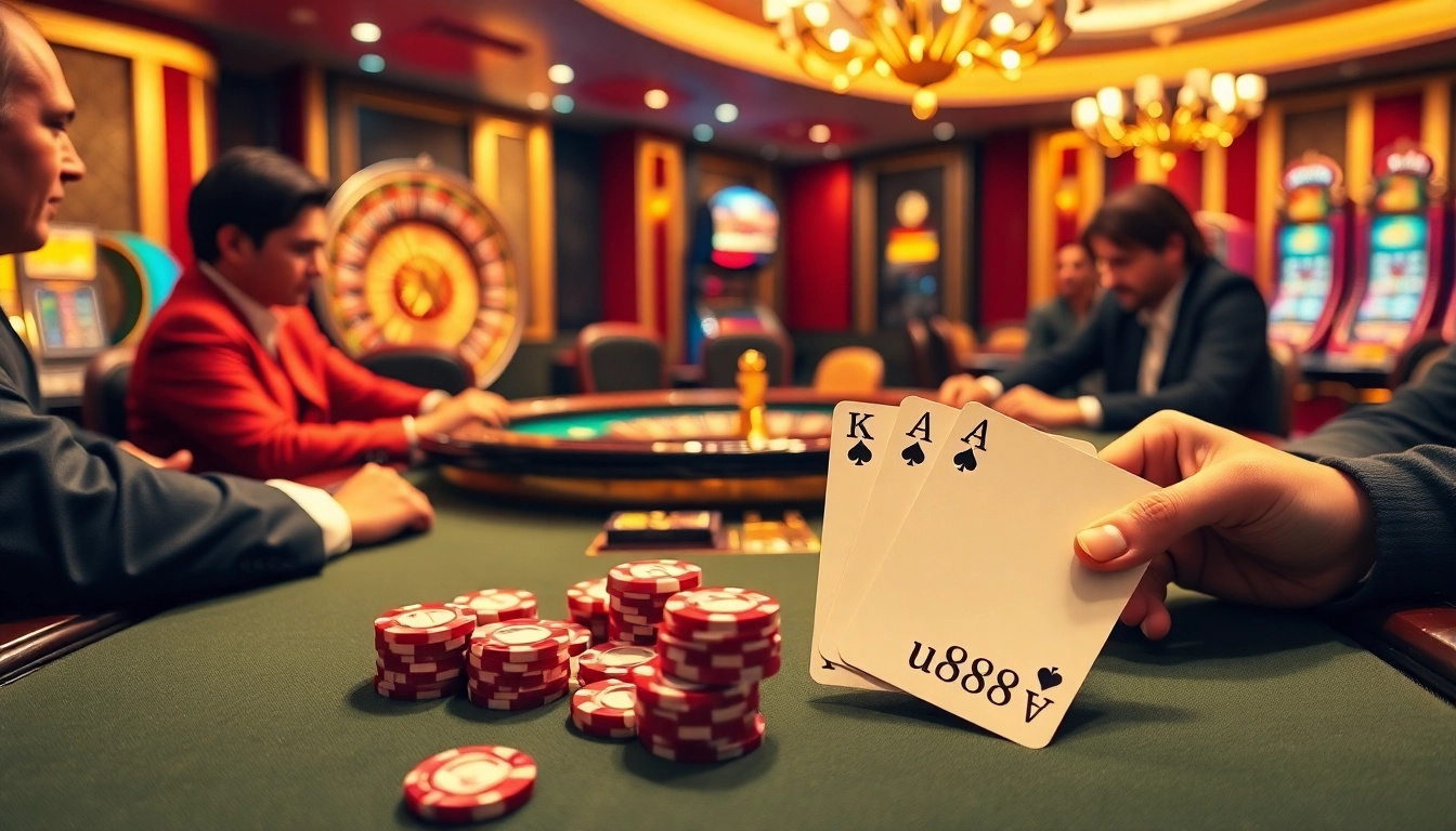Experience the excitement of poker at u8888, featuring intense gameplay and vibrant casino scenes.