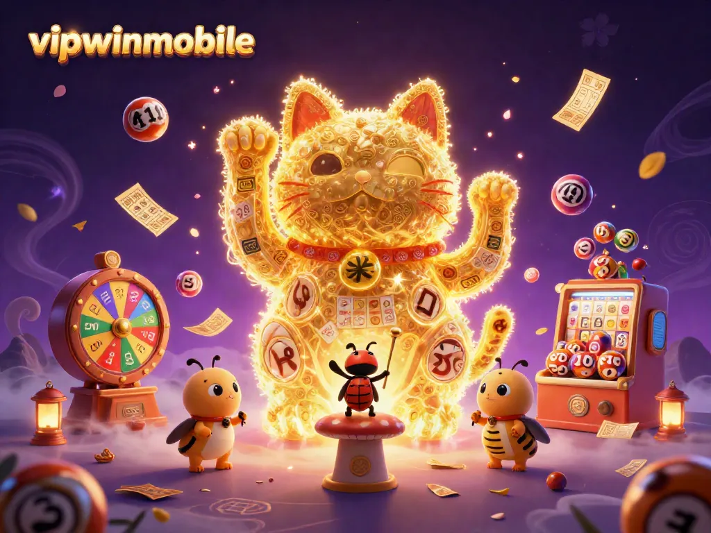 Experience the vibrant casino world with vipwinmobile's giant lucky cat and dynamic lottery symbols.