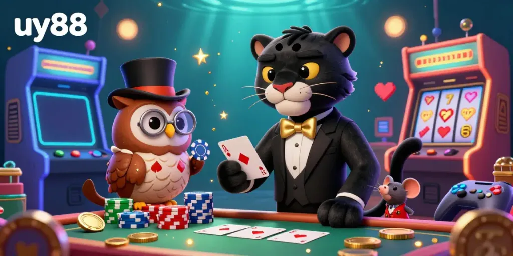 Experience thrilling casino action with uy88, as a tuxedoed panther and friends play cards in a vibrant setting.
