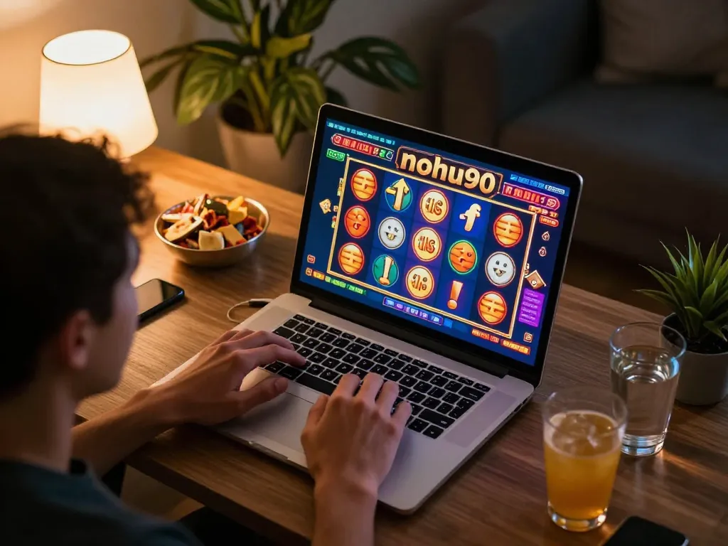 Nohu90 player enjoying an exciting slot game on a laptop at home, emphasizing immersive gaming.