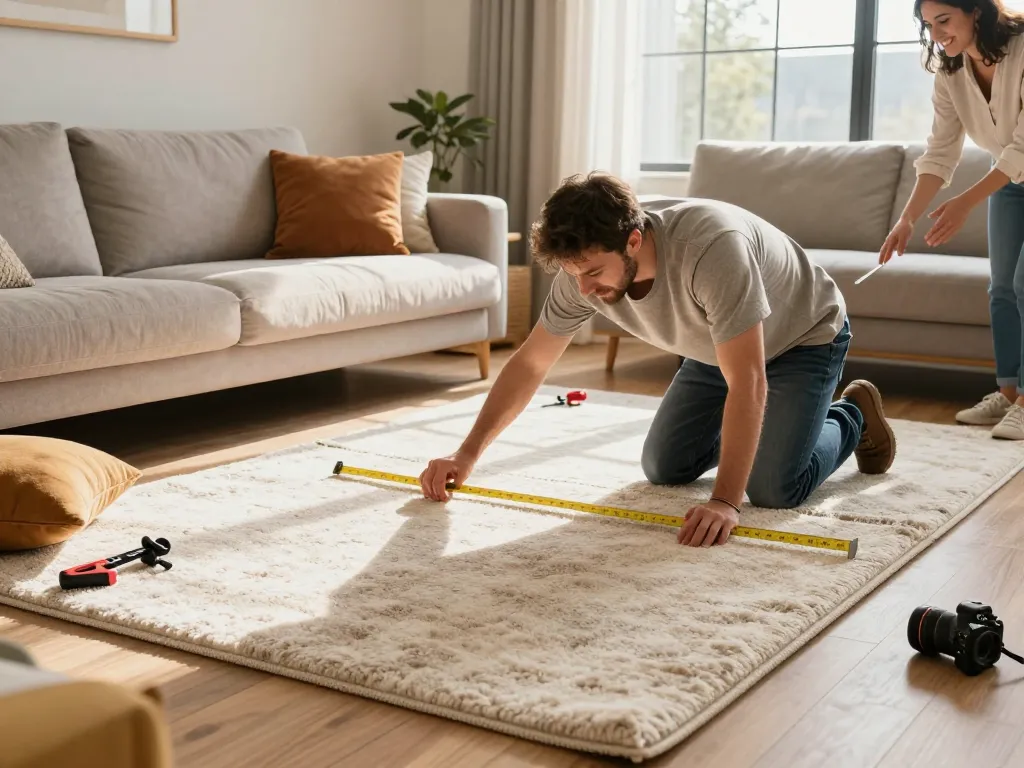 Carpet fitters near me installing plush carpet in a cozy living room setting.