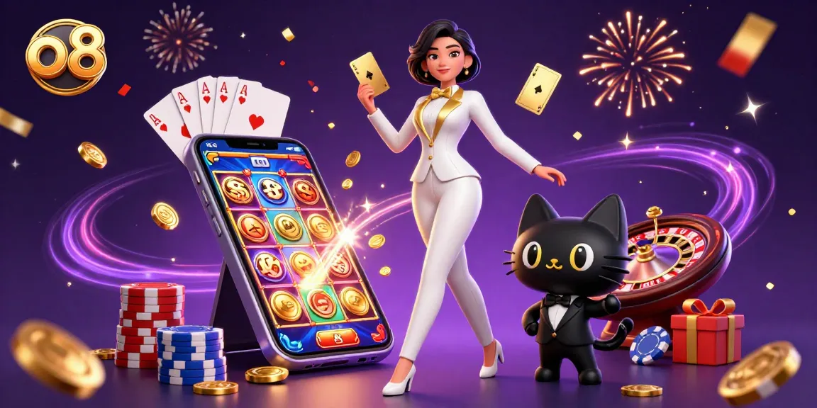 Play exciting games at o8, featuring a glamorous dealer and a playful black cat amidst vibrant casino elements.
