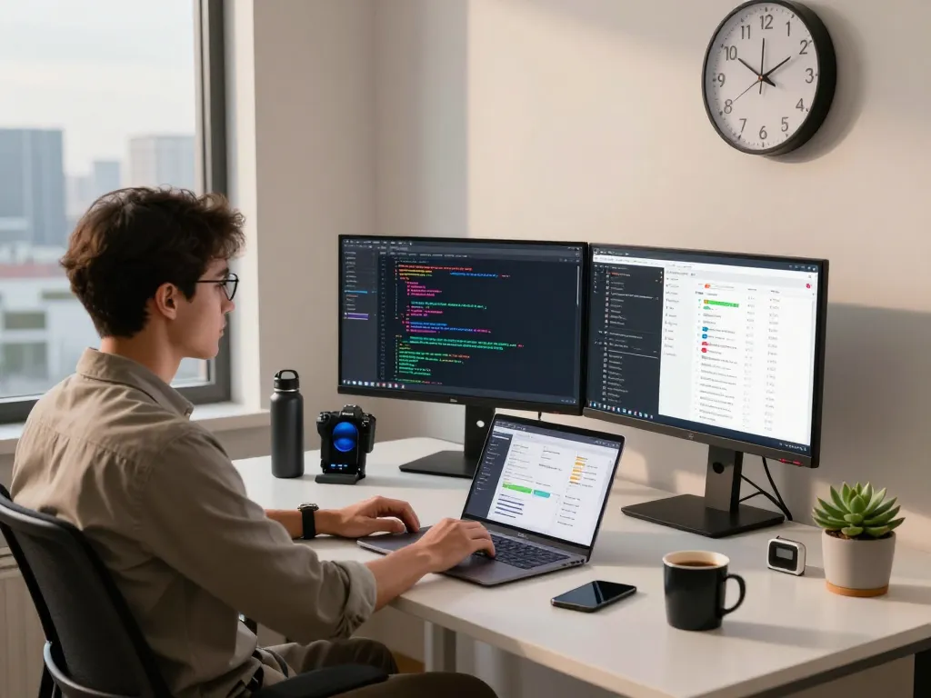 openclawd software engineer coding in a modern workspace with dual monitors and inspiring city skyline view