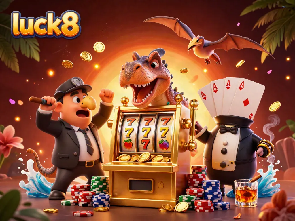 Explore luck8 thrills with a dinosaur-themed casino scene showcasing jackpot wins and instant action.