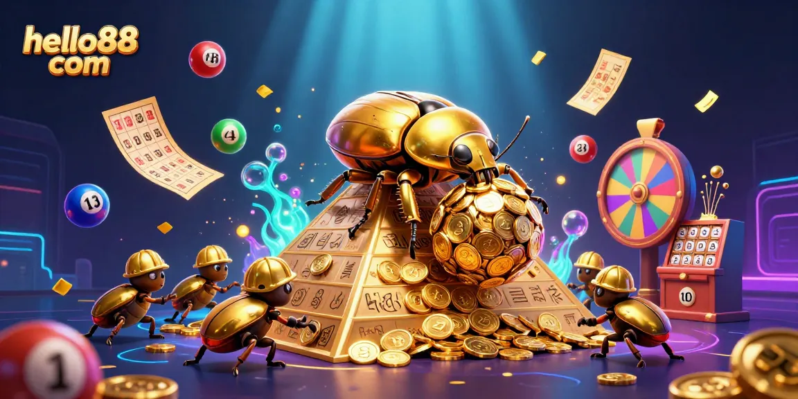 Experience excitement at hello88 com with a golden dung beetle and vibrant casino elements.