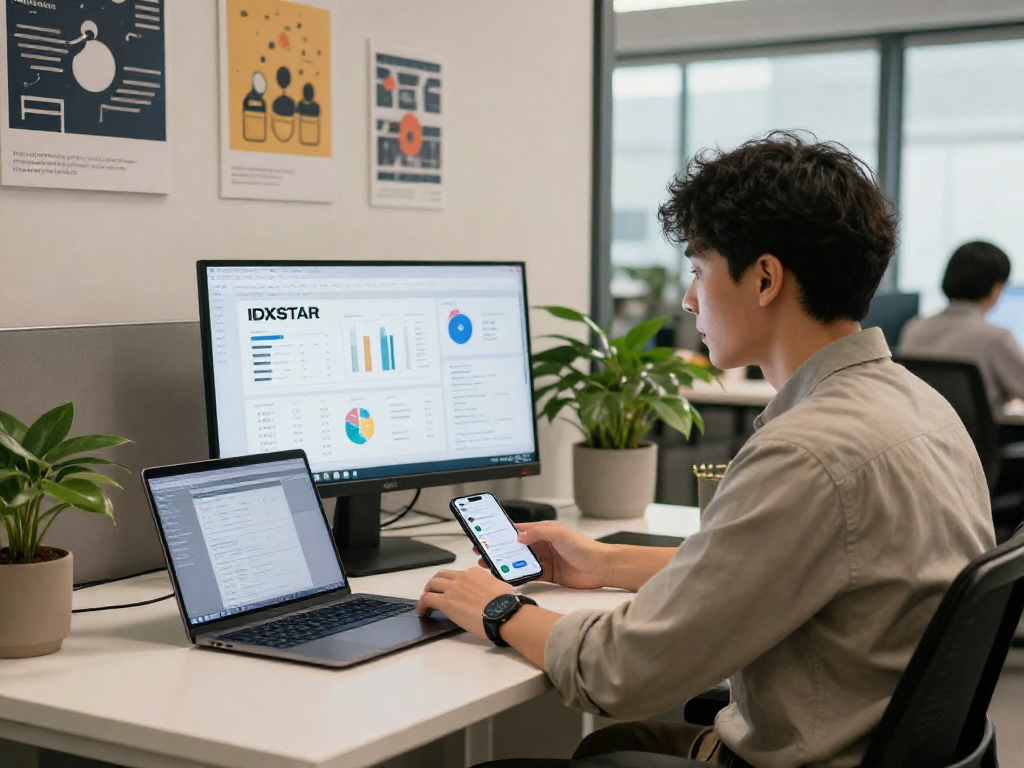 Dynamic workspace showcasing a professional engaging with IDXSTAR analytics on a monitor.