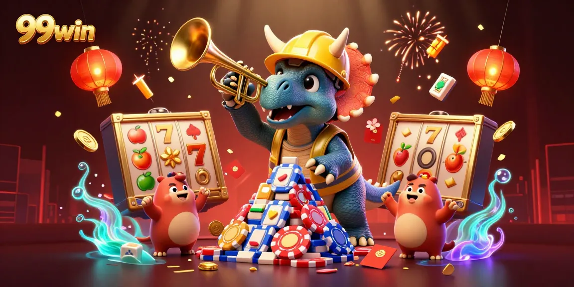 Experience the thrilling excitement of 99win with a vibrant casino celebration scene featuring poker chips, jackpots, and cheering characters.
