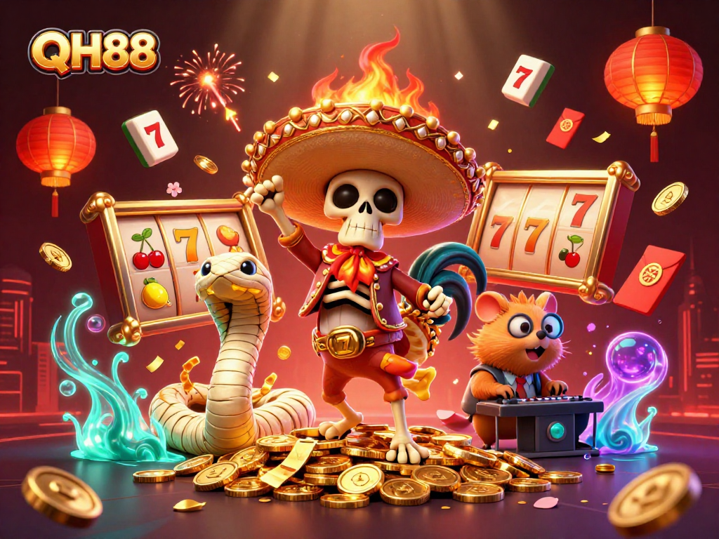 Celebrate wins with QH88's vibrant 3D illustration featuring lively casino characters.