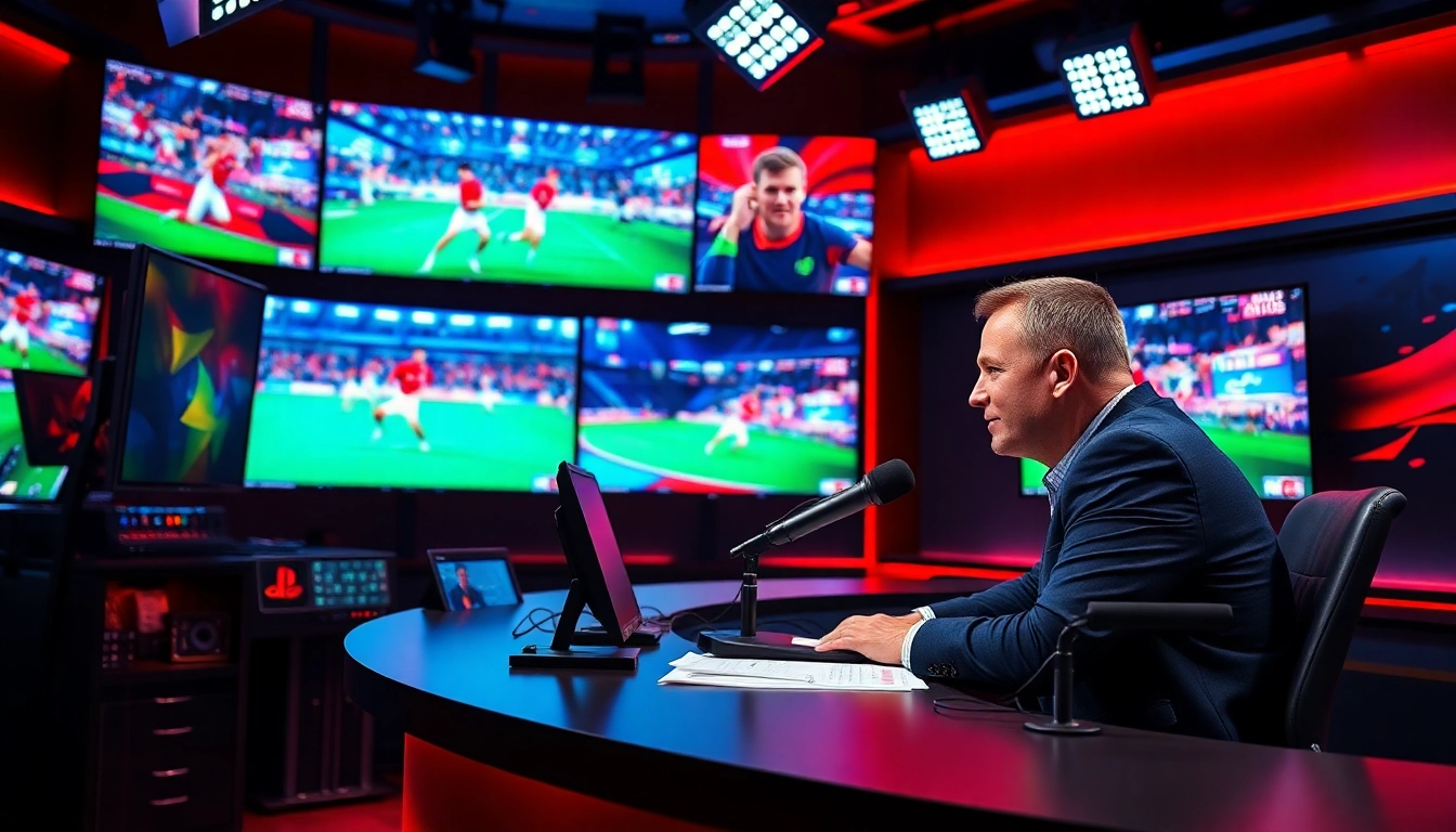 Announcer in sports broadcasting studio sharing live updates with dynamic visuals.