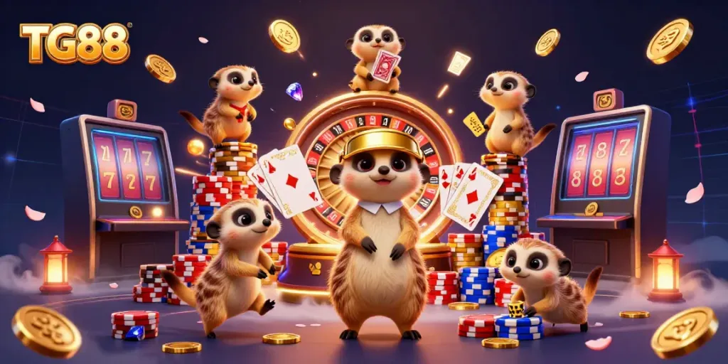 Engaging scene of meerkats running TG88 casino, showcasing thrilling gambling elements.