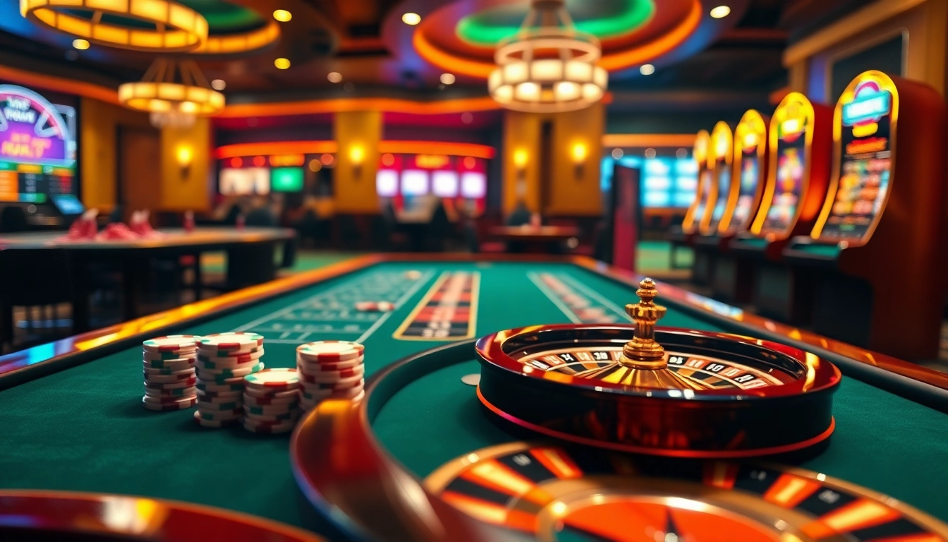 Experience thrilling gameplay with NK88 COM at a luxurious casino table surrounded by vibrant elements.