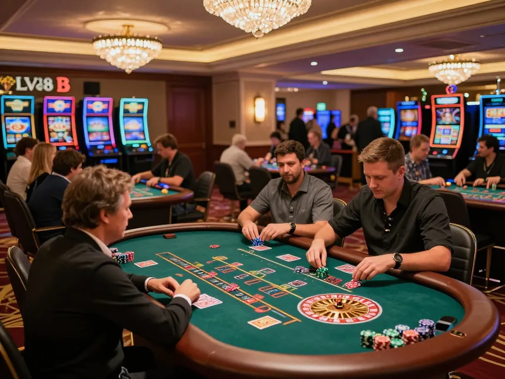 Players placing bets at LV88 casino tables, showcasing the excitement of high-stakes gaming.