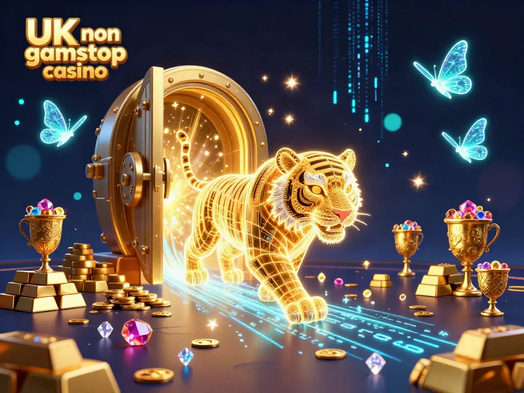 Experience the thrill of UK non gamstop casino with vibrant, dynamic 3D digital art showcasing lively casino elements.