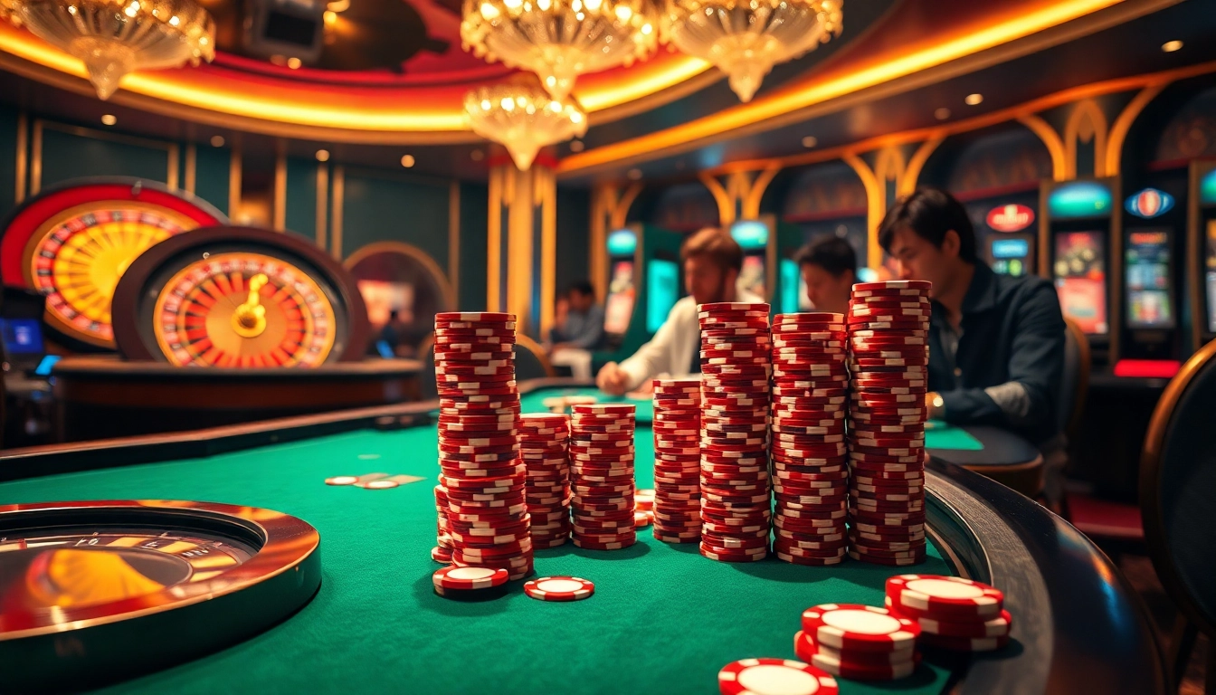Exciting card game scene featuring uu88 branding among vibrant poker chips and roulette wheel.