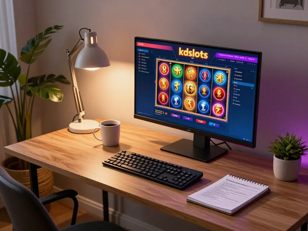 Engaging user enjoying kdslots online gaming experience on a sleek computer setup at home.