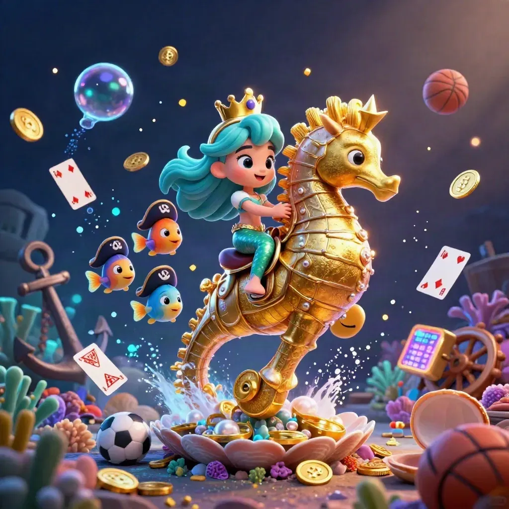 Mermaid princess rides a golden seahorse amid fish, coins, coral and casino props underwater.