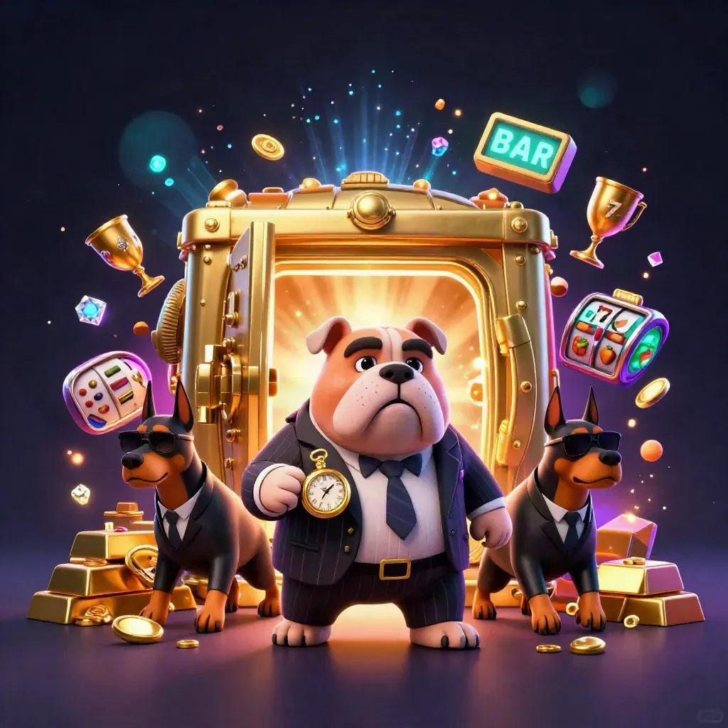 Bulldog boss and Dobermans burst from a gold vault amid treasure and neon casino effects.