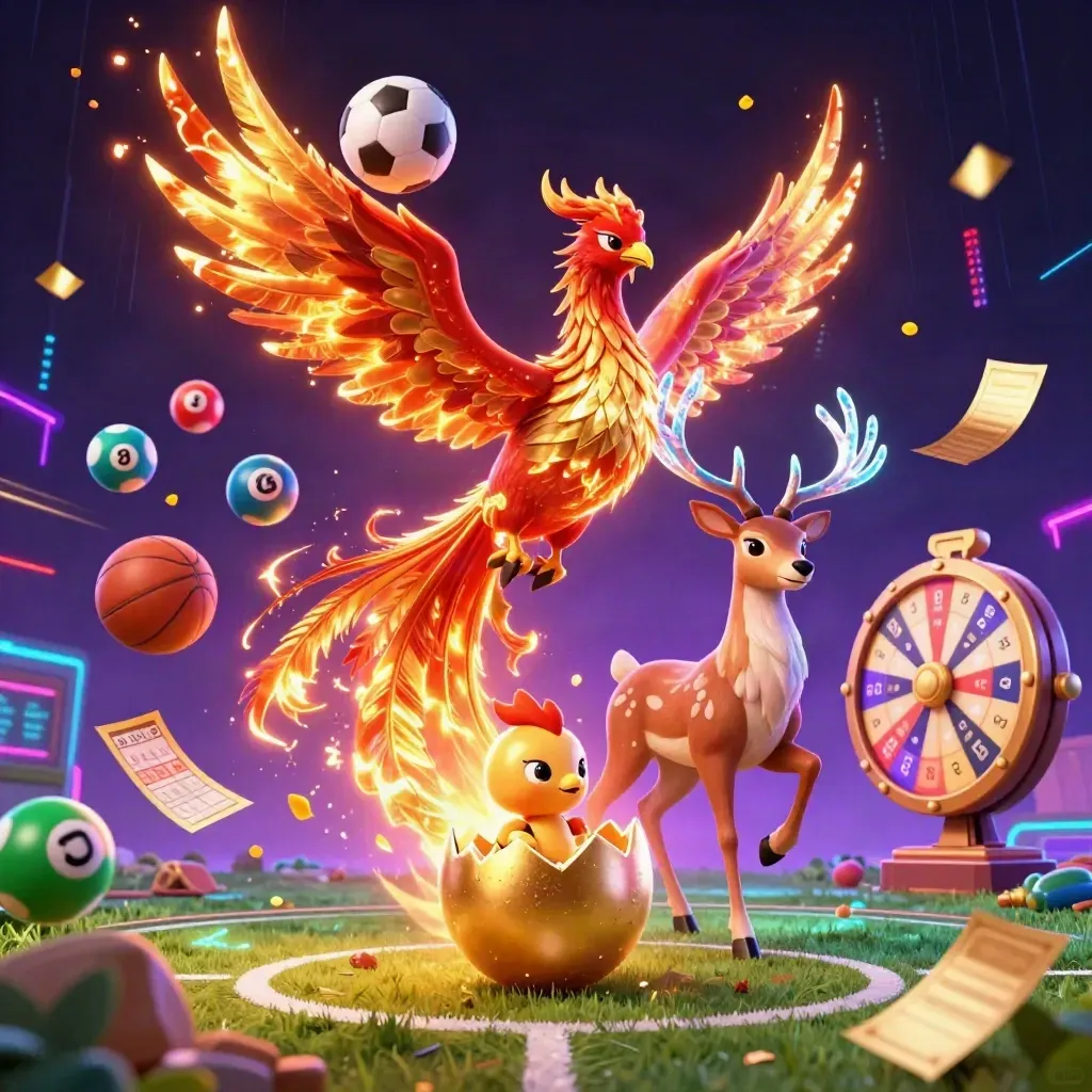Phoenix, baby phoenix, and crystalline stag amid casino graphics and sports balls in neon light.